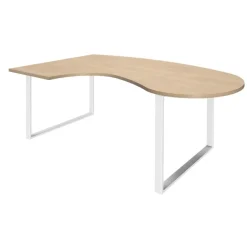 Bureau LOFTER Manager arrondi - retour à gauche - L200 cm - Plateau imitation chêne clair - Pied blanc (Pieds de renfort obligatoire à rajouter - non inclus)