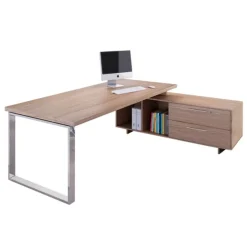 Bureau Manager FLORA - avec console retour réversible - L195 x P170 cm - pieds cadre en métal effet chromé - plateau imitation merisier arabis