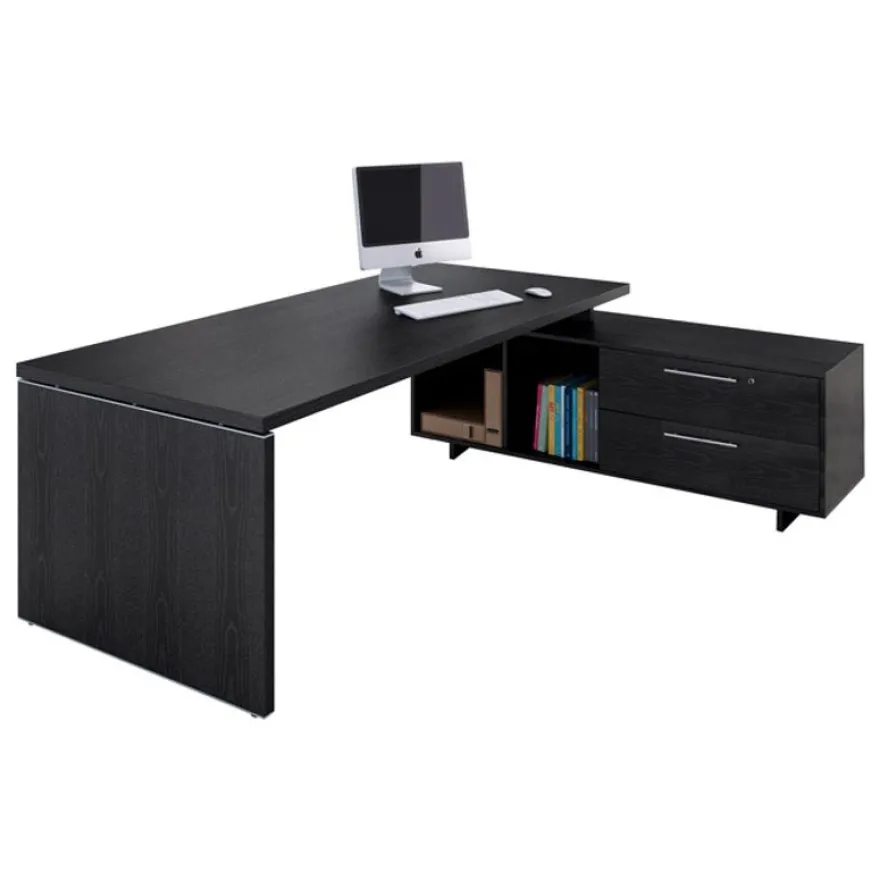 Bureau Manager FLORA - avec console retour réversible - L195 x P170 cm - pieds panneaux - plateau imitation frêne noir