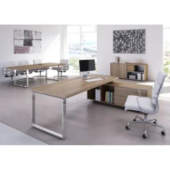 Bureau Manager FLORA - avec console retour réversible - L225 x P170 cm - pieds cadre en métal effet chromé - plateau imitation merisier arabis