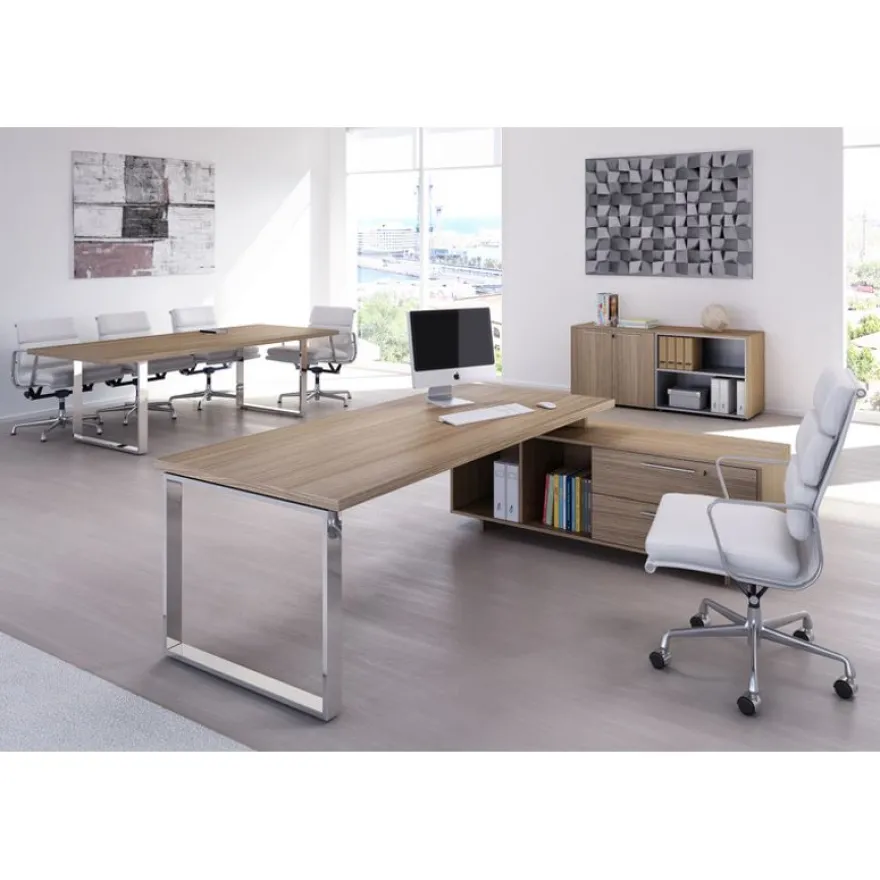 Bureau Manager FLORA - avec console retour réversible - L225 x P170 cm - pieds cadre en métal effet chromé - plateau imitation merisier arabis