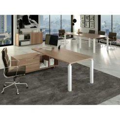 Bureau Manager FLORA - avec console retour réversible - L225 x P170 cm - pieds en métal blanc - plateau imitation merisier arabis