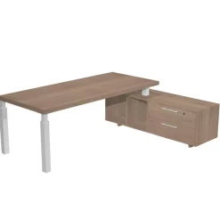 Bureau Manager FLORA - avec console retour réversible - L225 x P170 cm - pieds en métal blanc - plateau imitation merisier arabis