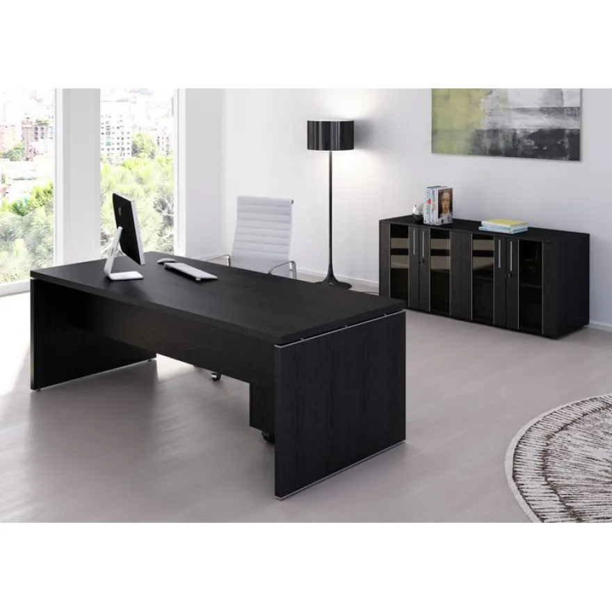 Bureau Manager FLORA - L210 x P90 cm - pieds panneaux - plateau imitation frêne noir