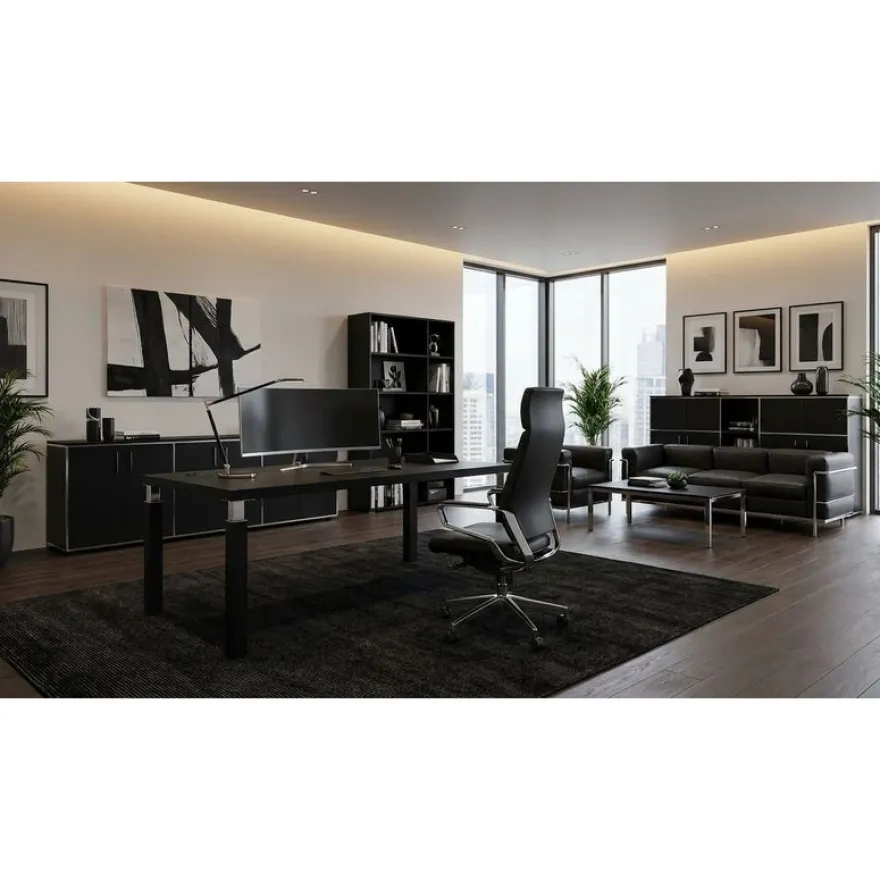 Bureau Manager FLORA - L180 x P90 cm - pieds en métal noir - plateau imitation frêne noir