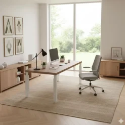 Bureau Manager FLORA - L210 x P90 cm - pieds en métal blanc - plateau imitation merisier arabis