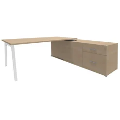 Bureau STEELY Manager - L180 x P100 x H72,5 cm - console retour à droite (2 tiroirs) L200 x P60 x H72,5 cm - pieds blanc - plateau imitation chêne clair