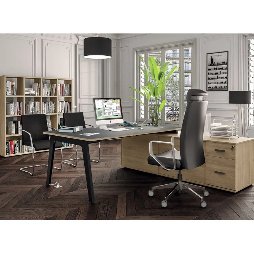 Bureau STEELY Manager - L180 x P100 x H72,5 cm - console retour à gauche (2 tiroirs) L200 x P60 x H72,5 cm - pieds blanc - plateau imitation noyer