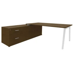 Bureau STEELY Manager - L180 x P100 x H72,5 cm - console retour à gauche (2 tiroirs) L200 x P60 x H72,5 cm - pieds blanc - plateau imitation noyer