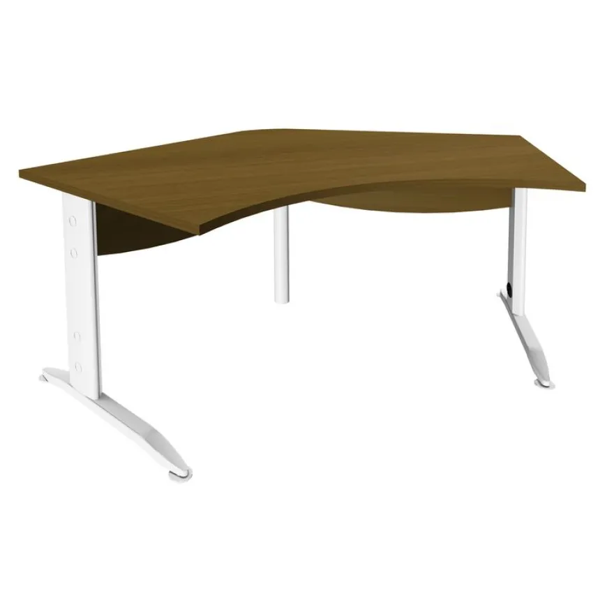 Bureau symétrique 120° IDRA - L185 cm - pieds blanc - plateau imitation noyer