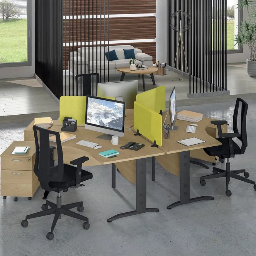Bureau symétrique 120° IDRA - L185 cm - Pieds blanc - plateau imitation Chêne clair