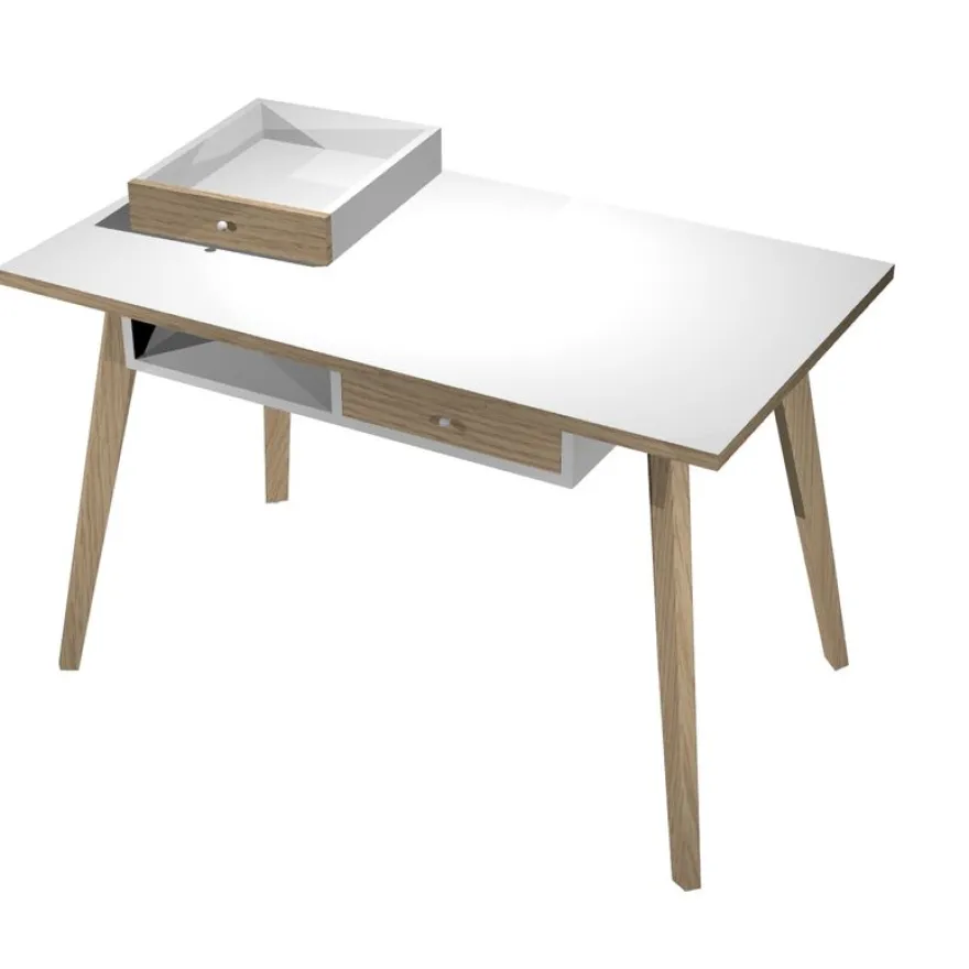Bureau télétravail avec tiroirs - 120 cm - blanc/chêne - pieds chêne