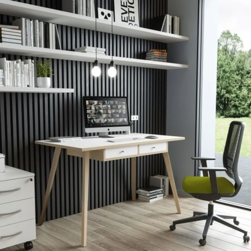 Bureau télétravail avec tiroirs - 120 cm - blanc/chêne - pieds chêne