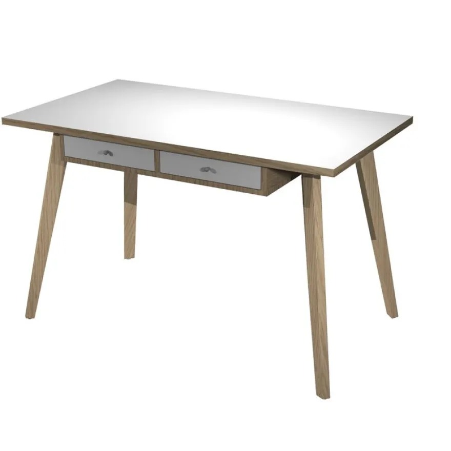 Bureau télétravail avec tiroirs - 120 cm - blanc/chêne - pieds chêne