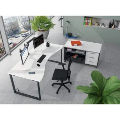 Bureau vague symétrique LOFTER - L180 cm - Plateau imitation chêne gris - pied Carbone