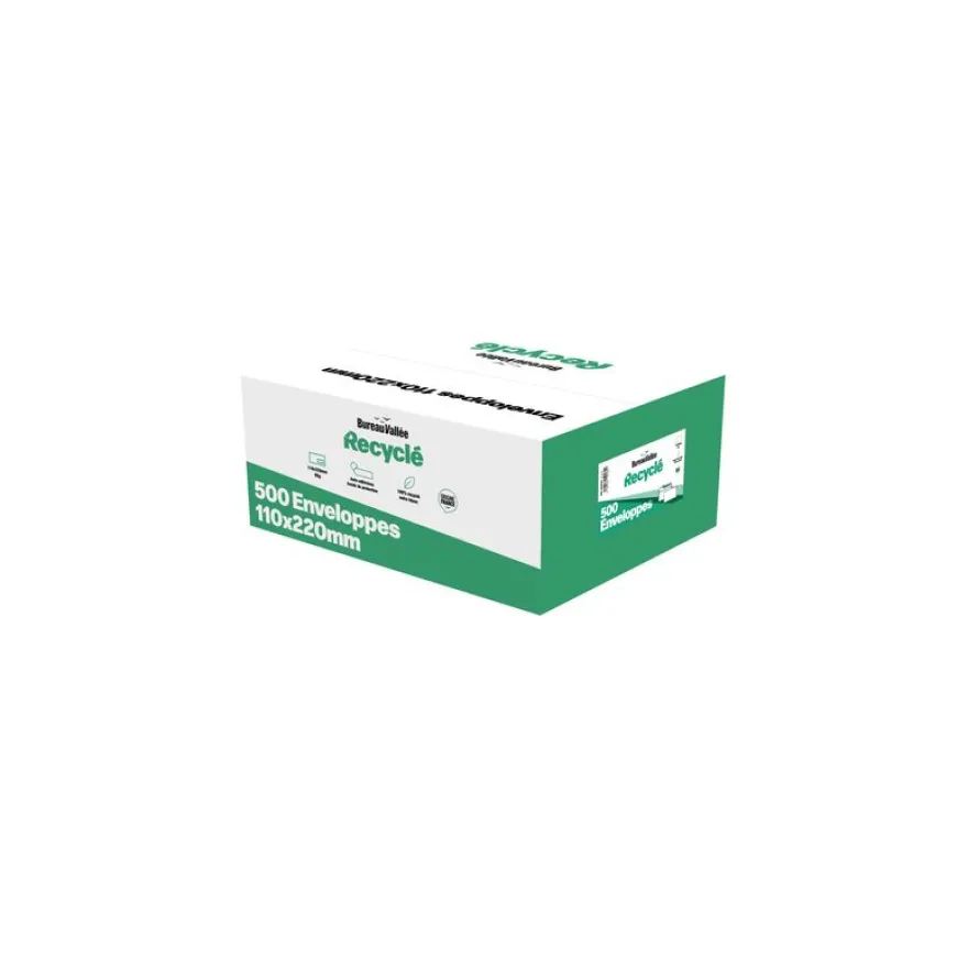 Bureau Vallée Recyclé - 500 Enveloppes - DL 110x220 - 80 g/m² - blanc - bande adhésive