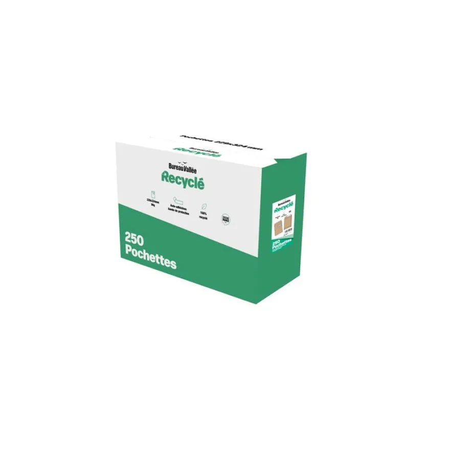 Bureau Vallée Recyclé - 250 Enveloppes - C4 229 x 324 - 90 g/m² - brun - fenêtre 50x110 - bande adhésive