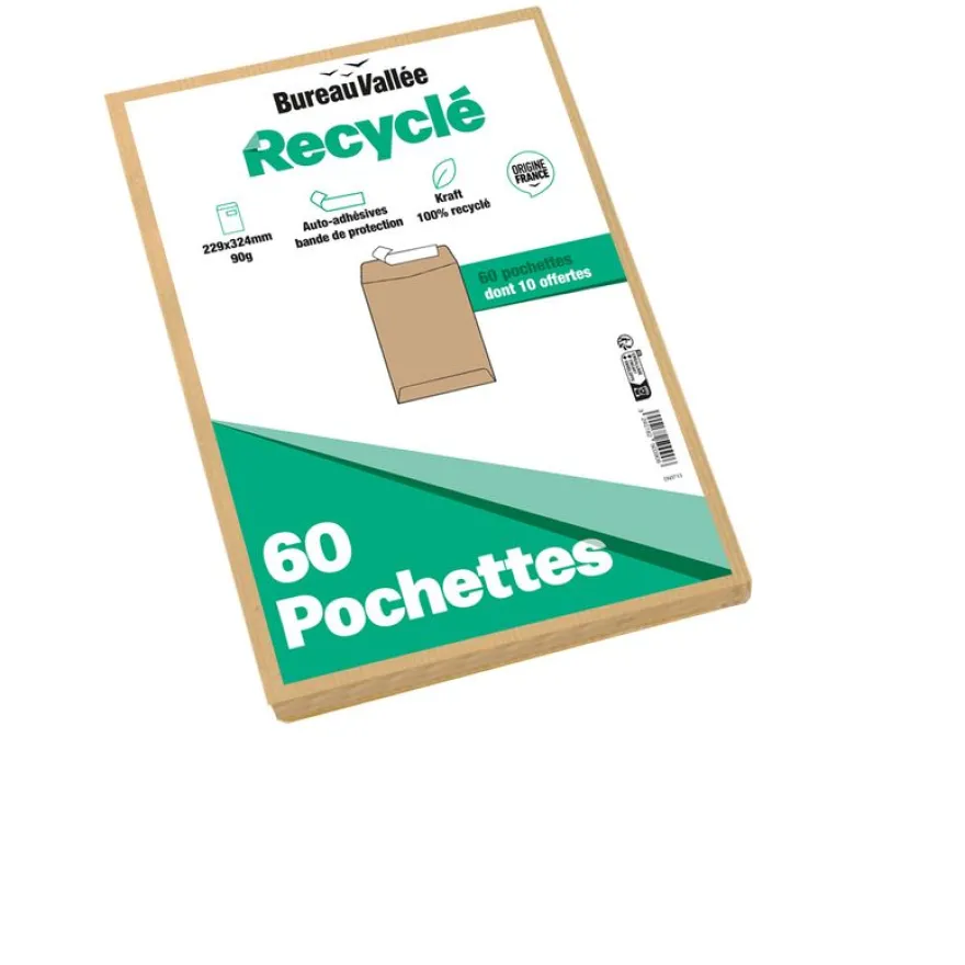 Bureau Vallée Recyclé - 60 Enveloppes - C4 229 x 324 - 90 g/m² - brun - bande adhésive