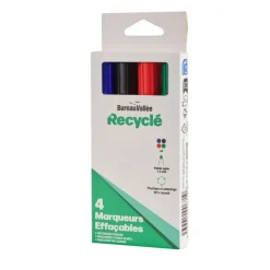 Bureau Vallée Recyclé – 4 marqueurs effaçables pointe large – Assortiment de 4 couleurs