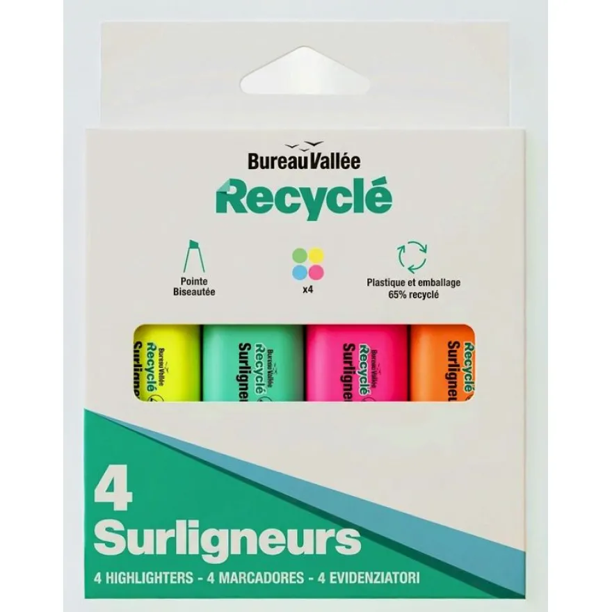 Bureau Vallée Recyclé - 4 surligneurs - Jaune, orange, vert et rose