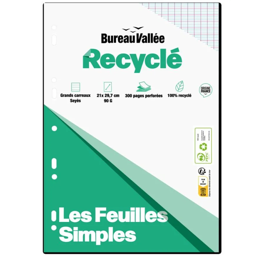 Bureau Vallée Recyclé - feuilles simples A4 - 300 pages - grands carreaux (Seyes) - perforées