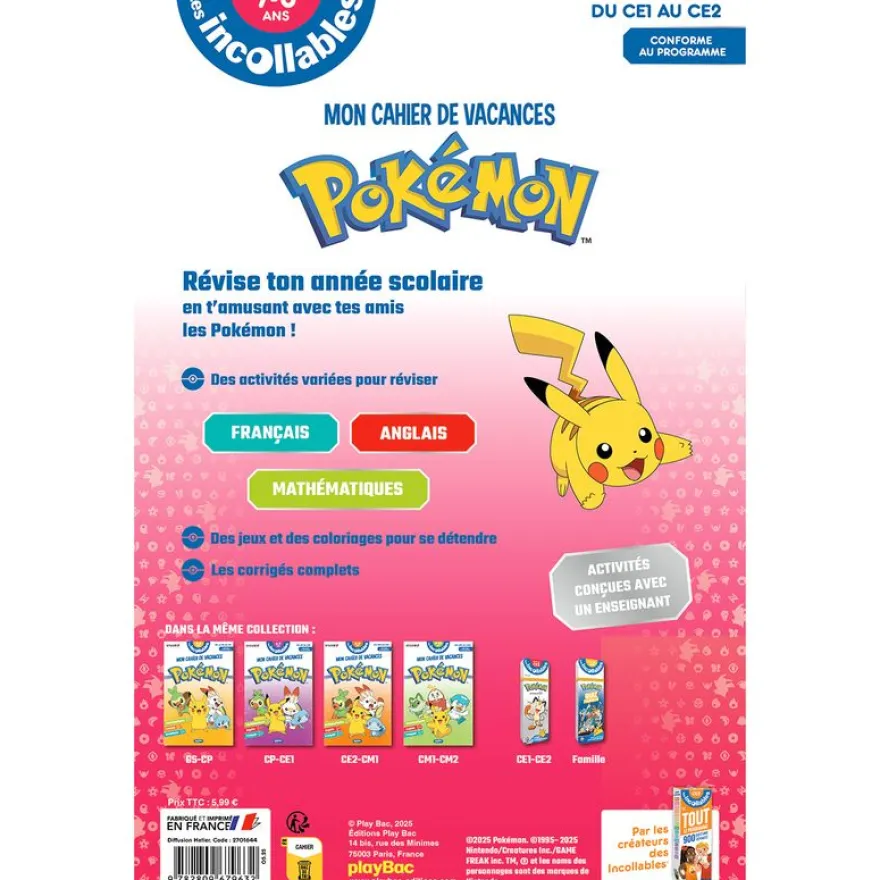 Cahier de vacances 2026 Pokémon - Les incollables - CE1 au CE2 - 7/8 ans