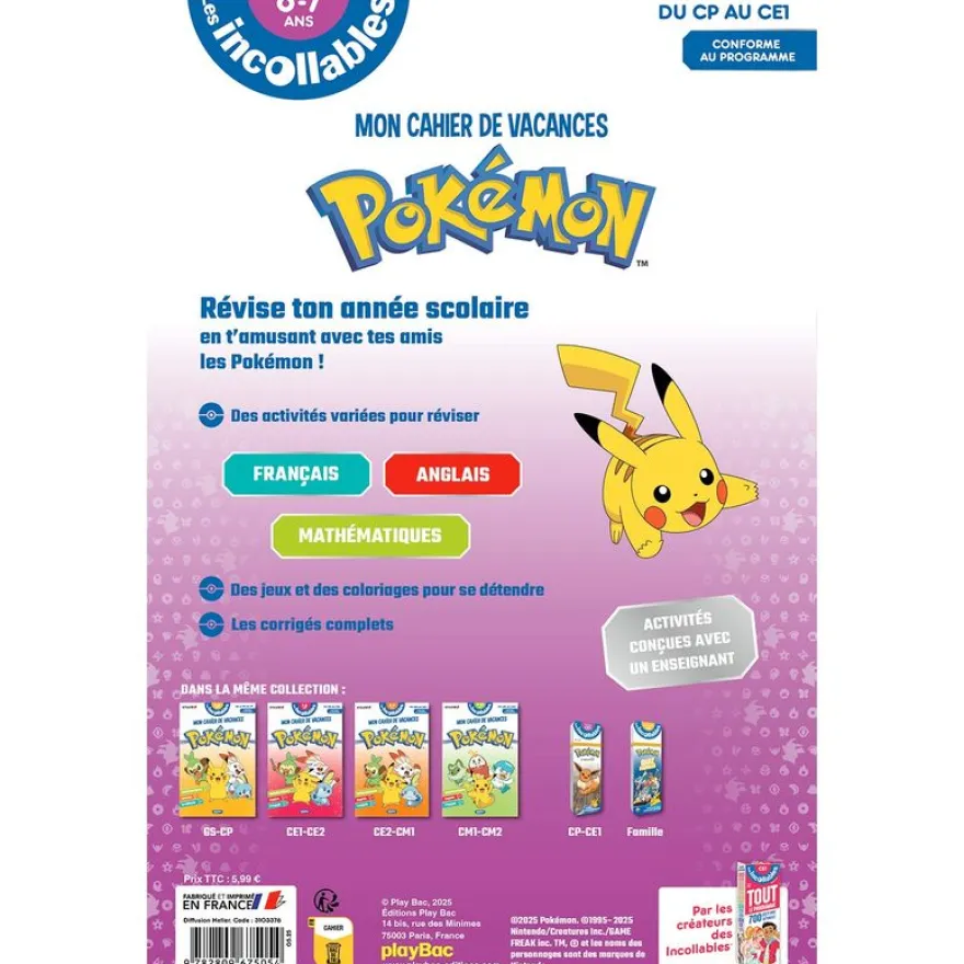 Cahier de vacances 2026 Pokémon - Les incollables - CP au CE1 - 6/7 ans