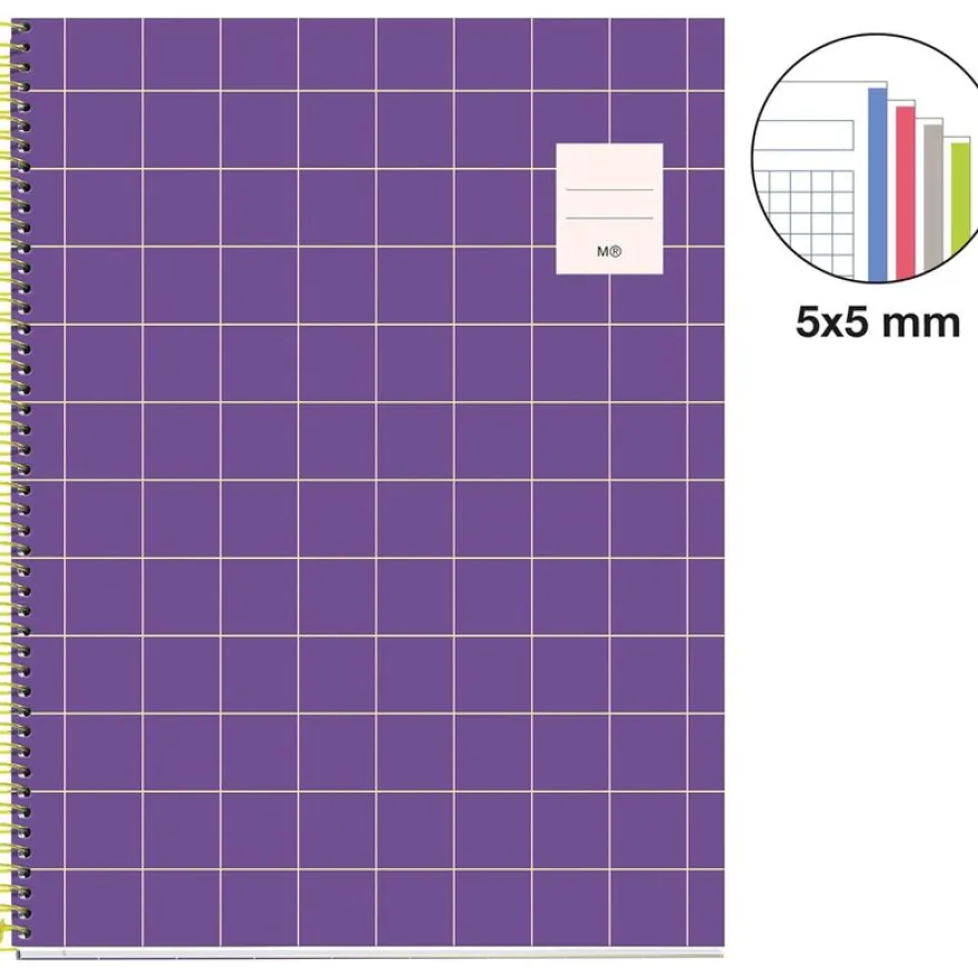Cahier Miquelrius A4 violet - 100 feuilles 70 g/m² - quadrillé 5×5 - spirale - microperforé 4 trous - pour les cours et projets