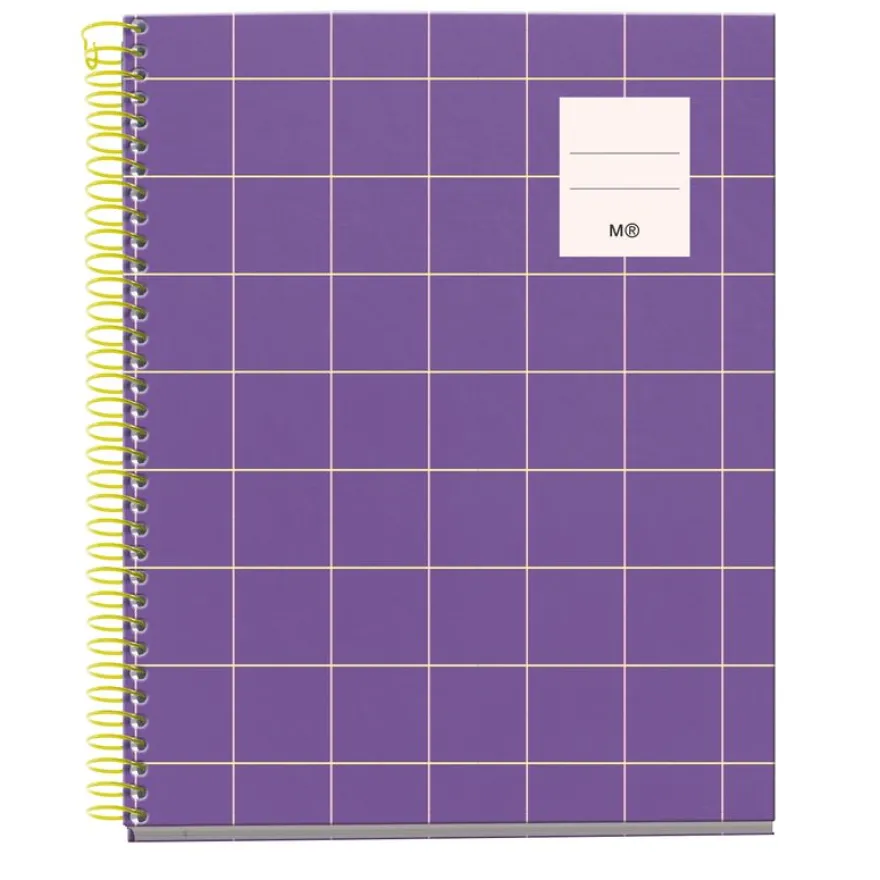 Cahier Miquelrius A5 violet - 100 feuilles 70 g/m² - quadrillé 5×5 - spirale - microperforé 2 trous - pour les notes au quotidien