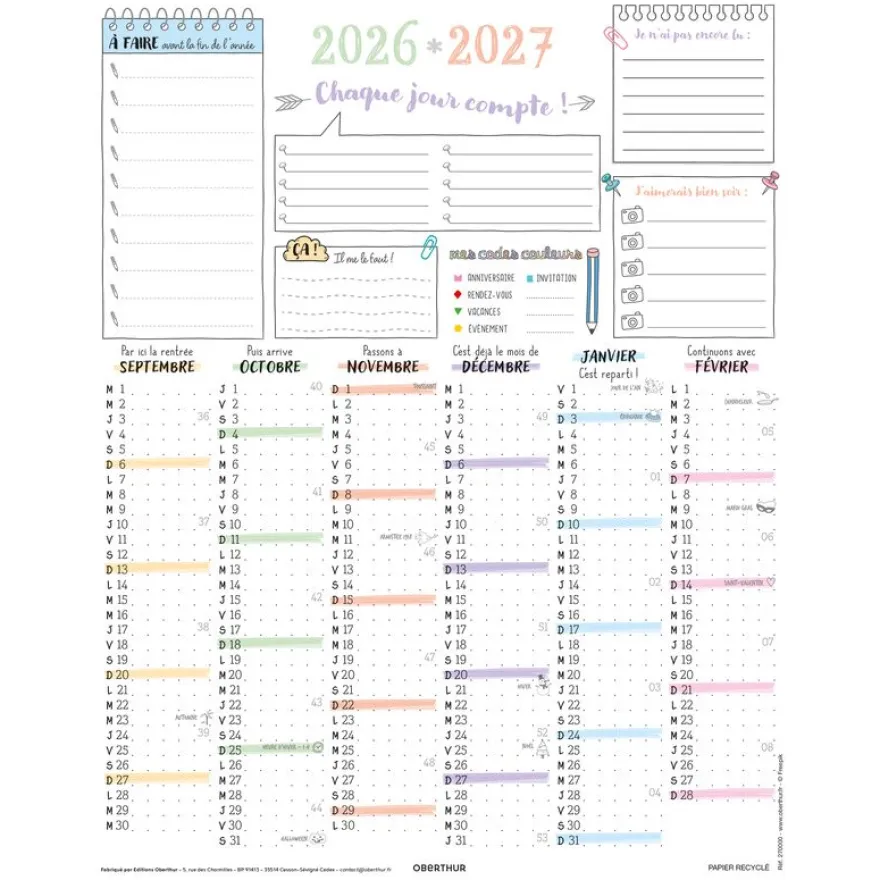 Calendrier Bullet - papier recyclé - 6 mois par face - 21 x 26,5 cm - Oberthur