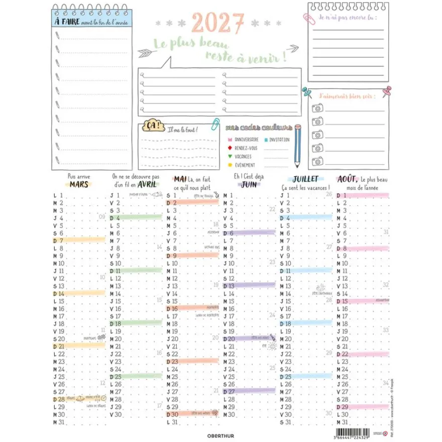 Calendrier Bullet - papier recyclé - 6 mois par face - 21 x 26,5 cm - Oberthur