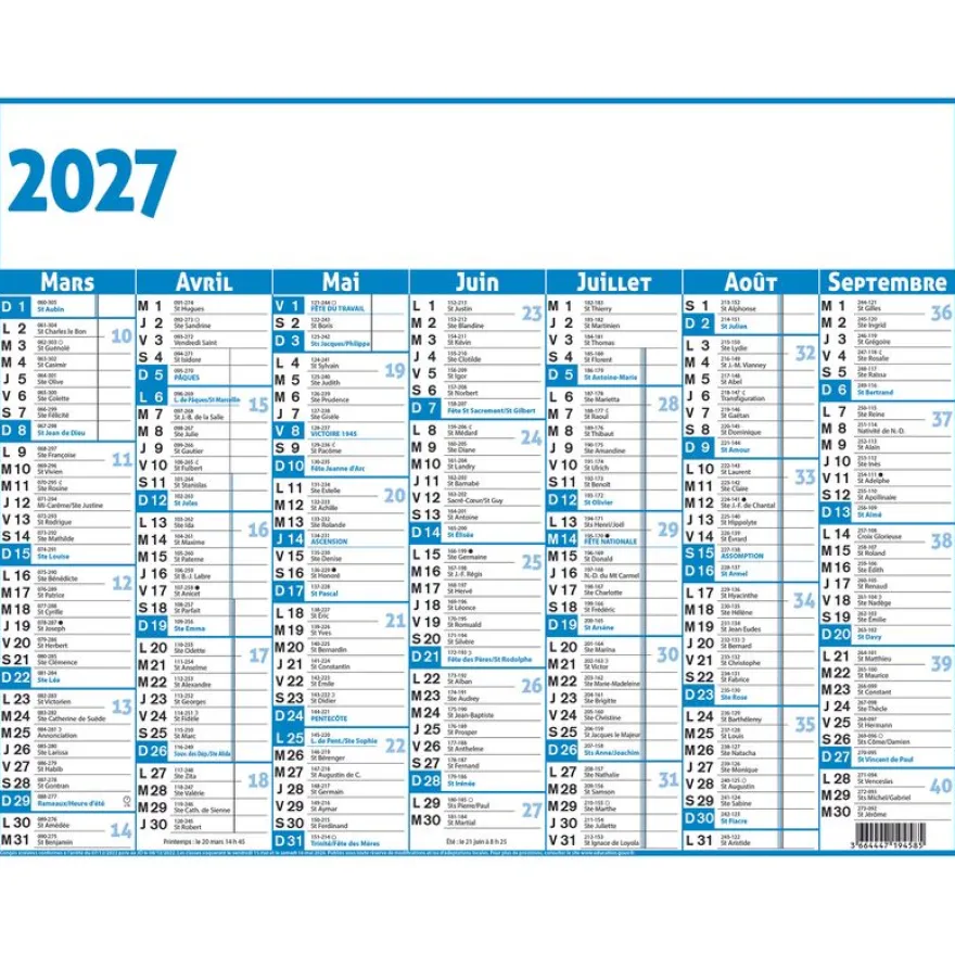 Calendrier Classic - 7 mois par face - 21 x 26,5 cm - bleu - Oberthur