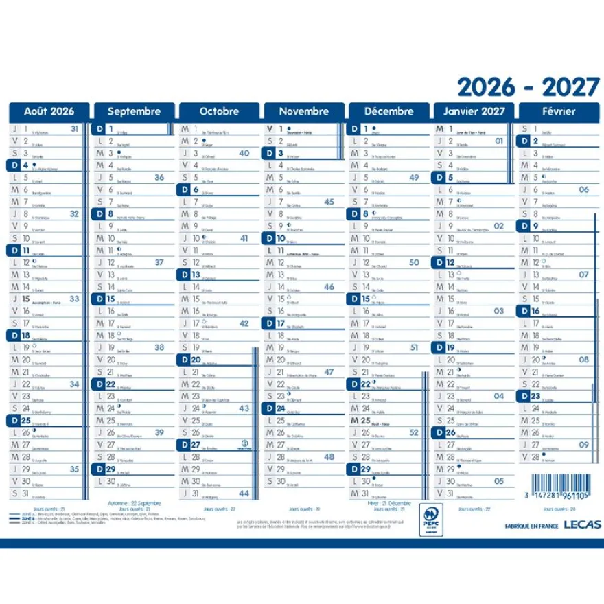 Calendrier Classique LECAS - 21x27 cm cm - 1 année sur 2 faces - Hamelin