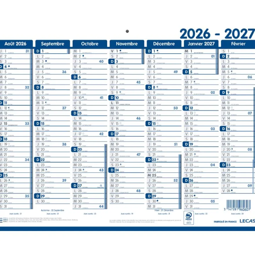 Calendrier Classique LECAS - 42x32 cm - 1 année sur 2 faces - Hamelin