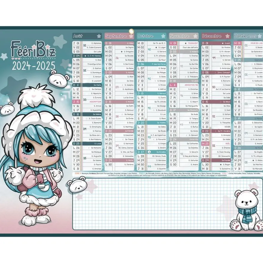 Calendrier Feeribiz - 6 mois par face - 32 x 42 cm - Bouchut