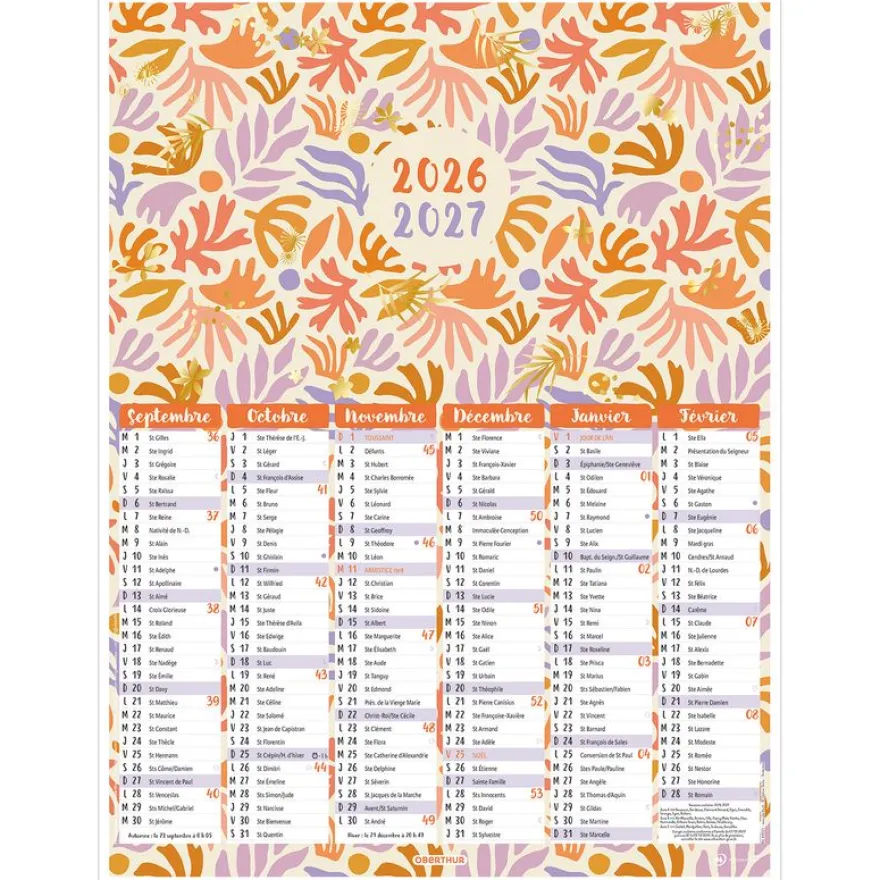 Calendrier Fleurs rétro - 6 mois par face - 32 x 42 cm - Oberthur