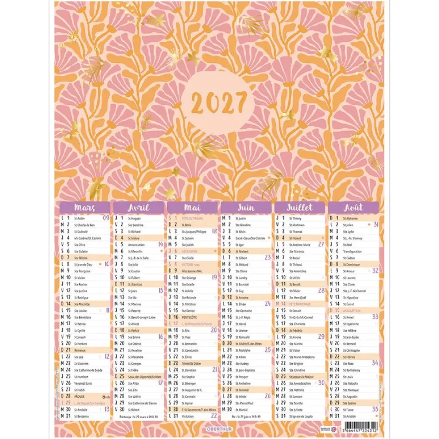 Calendrier Fleurs rétro - 6 mois par face - 32 x 42 cm - Oberthur