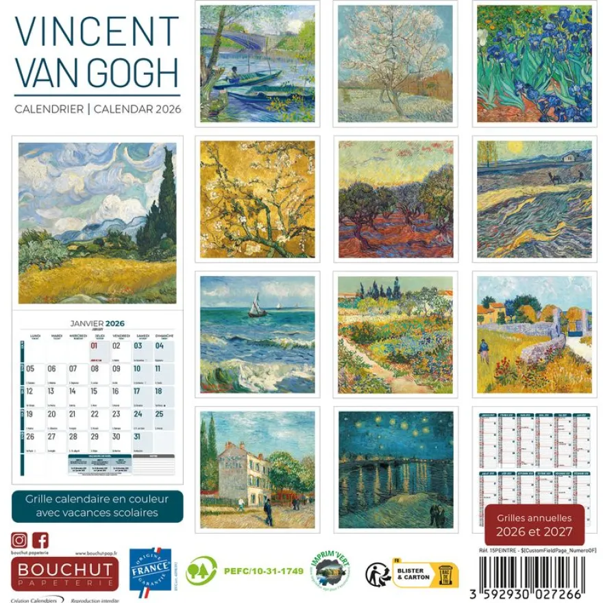 Calendrier illustré BOUCHUT 15 x 15 cm PEINTRE Vincent Van Gogh Pefc 70 %