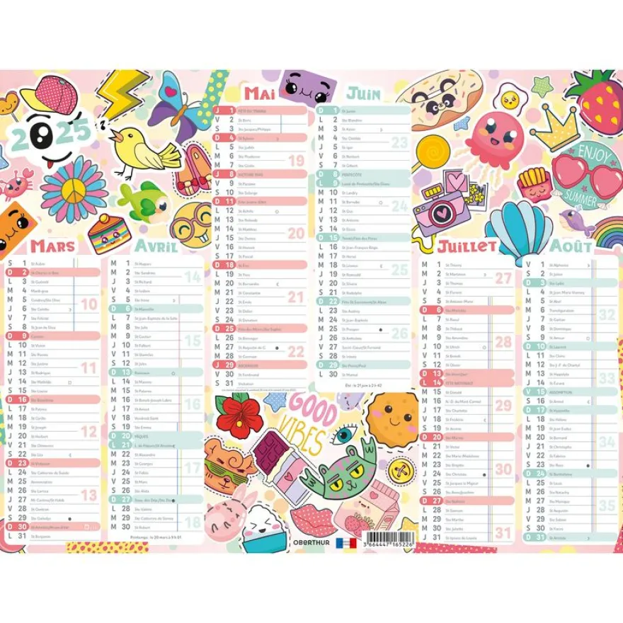 Calendrier Kawaii- 6 mois par face - 21 x 26,5 cm - Oberthur