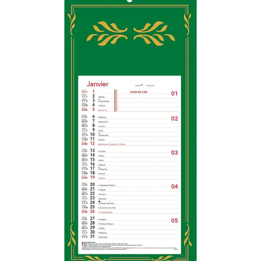 Calendrier mensuel en papier sur plaque skytos - 16 x 33 cm - disponible dans différentes couleurs - Oberthur
