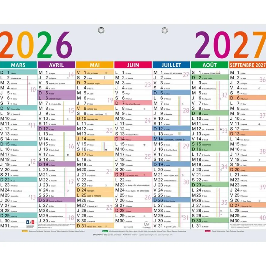 Calendrier Multicolore - 7 mois par face - 43 x 33,5 cm - Septembre à Septembre - Exacompta