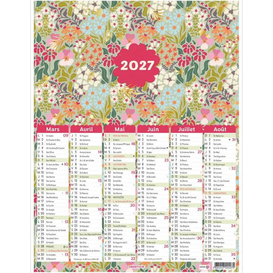 Calendrier Petites Fleurs - 6 mois par face - 32 x 42 cm - Oberthur