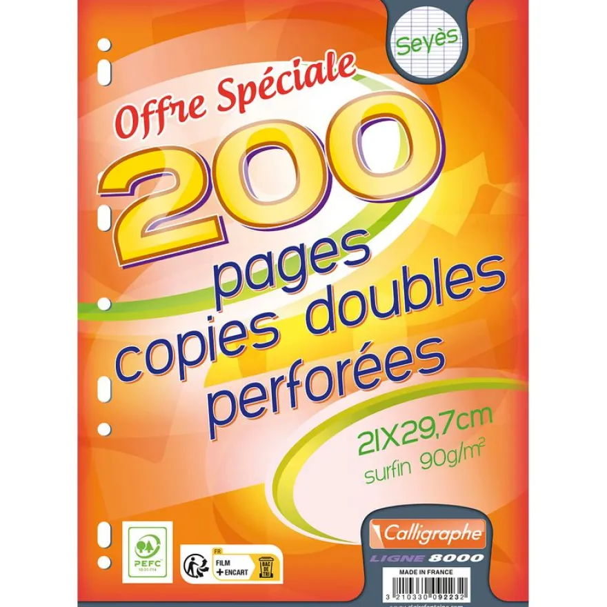 Calligraphe - copies doubles sous film - 200 pages - A4 - grands carreaux (Seyes) - perforées