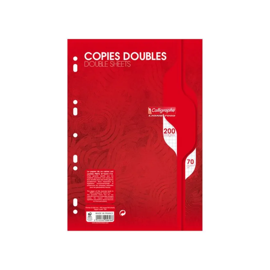 Calligraphe - copies doubles - 200 pages - A4 - petits carreaux (5x5 mm) - perforées