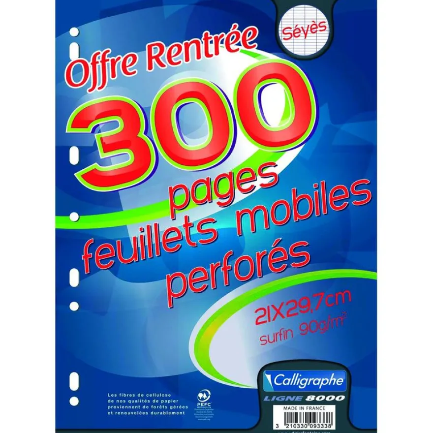 Calligraphe - feuilles simples A4 - 300 pages - grands carreaux (Seyes) - perforées