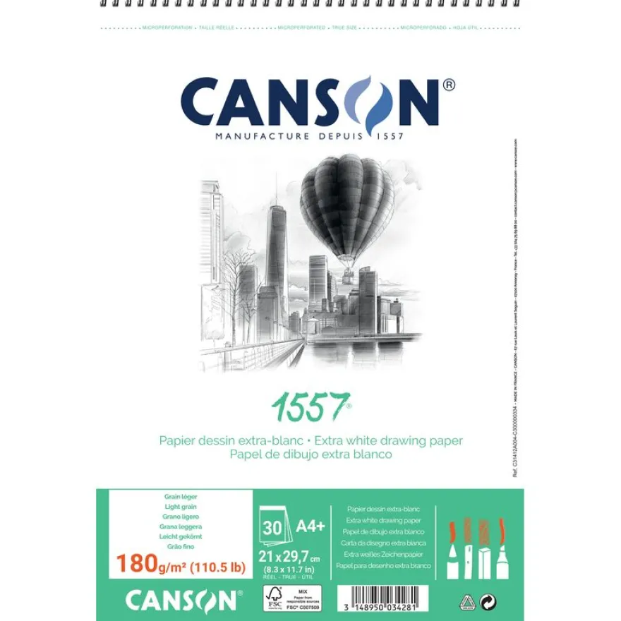 Canson 1557 - Album dessin - 30 feuilles - A4+ - 180 gr - blanc