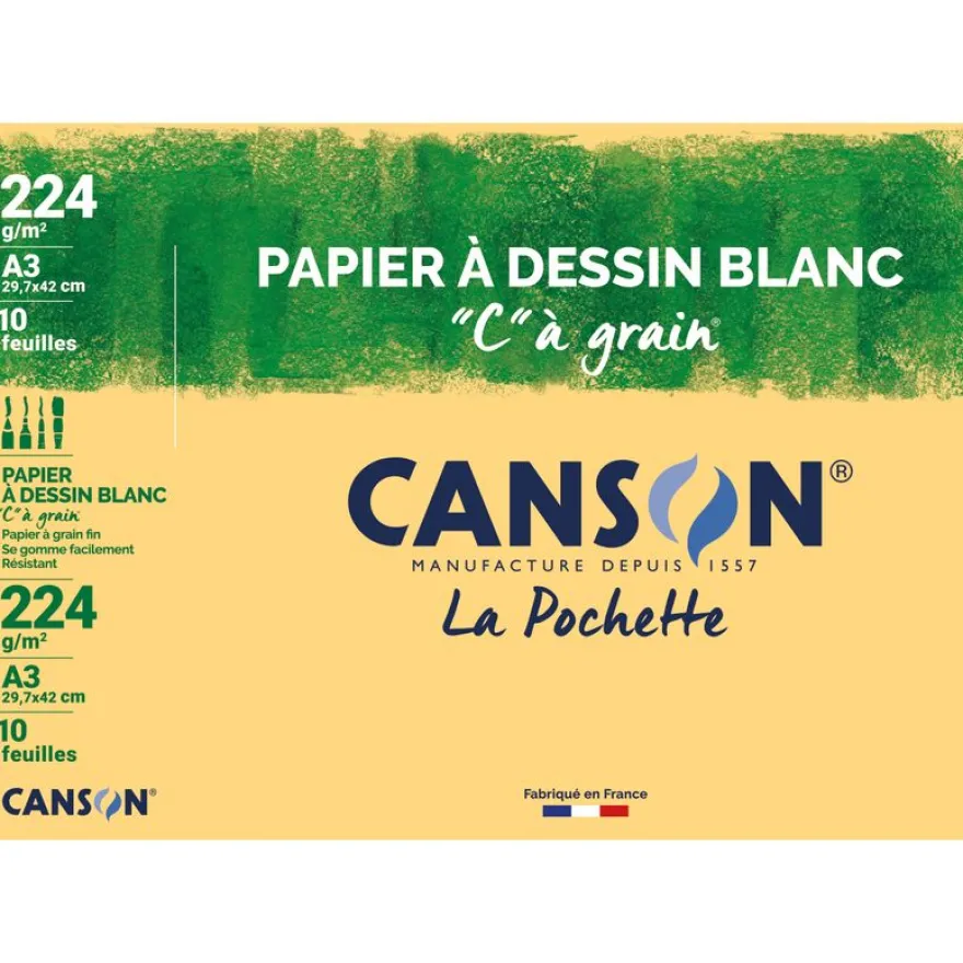 Canson C à grain - Pochette papier à dessin - 10 feuilles - A3 - 224 gr - blanc