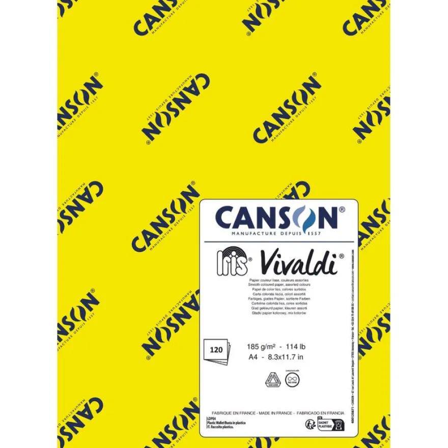 CANSON Iris Vivaldi - Papier Dessin Couleur - Lisse - 185 g/m² - Feuille - A4-21x29,7cm - 12 Couleurs Assorties vives - 120feuilles