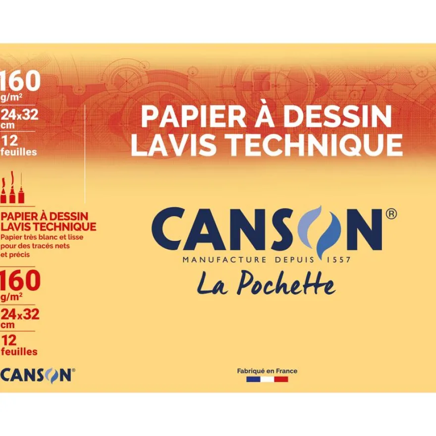 Canson Lavis Technique - Pochette papier à dessin - 12 feuilles - 24 x 32 cm - 160 gr - blanc