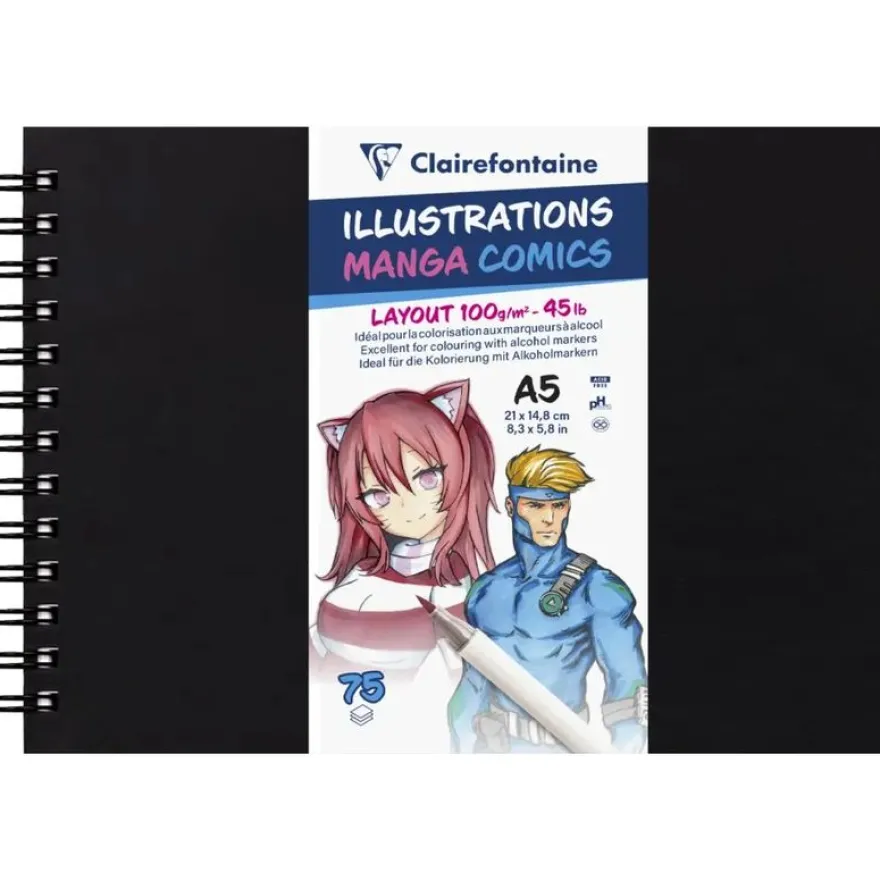 Carnet de dessin spiralé Manga Layout - A5 - 75 feuilles - 100gr - Clairefontaine